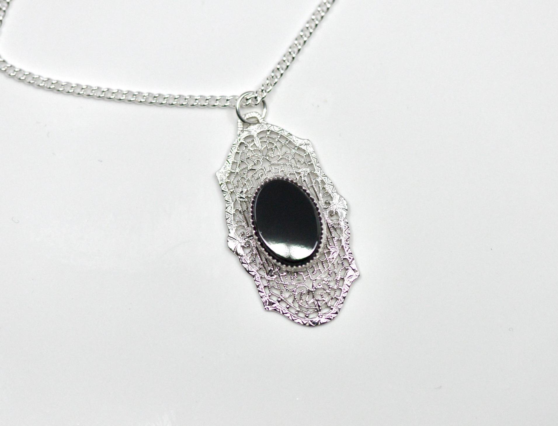 Collier Art Déco Vintage C.1920 - Argent, Corail, Onyx Noir & Marcassite - Bijou Ancien