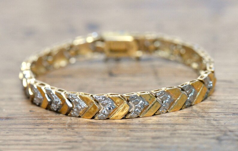 Vintage 925 Sterling Silver and Gold tone Herringbone Weave Tennis Bracelet