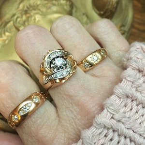 18k Gold French 1950's Tourbillon Tank Ring, Eagle Hallmark Clear Topaz Statement Swirl Ring Mid Century Size 7.25