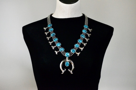 Fabulous Goldette Vintage Polished Silver Tone Faux Turquoise Squash Blossom 24 Inch Necklace Designer Signed Goldette Etsy Canada