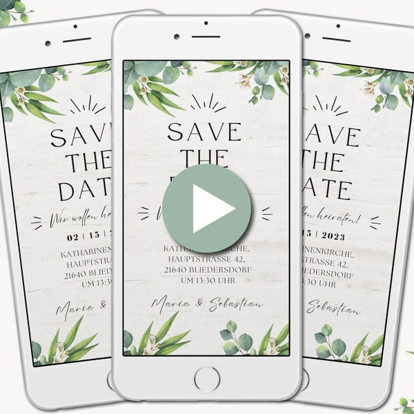 Digitale Save The Date eCard, Whatsapp Einladung, Personalisierte Animierte Karte, digitale Einladung zur Hochzeit, Boho Greenery Einladung