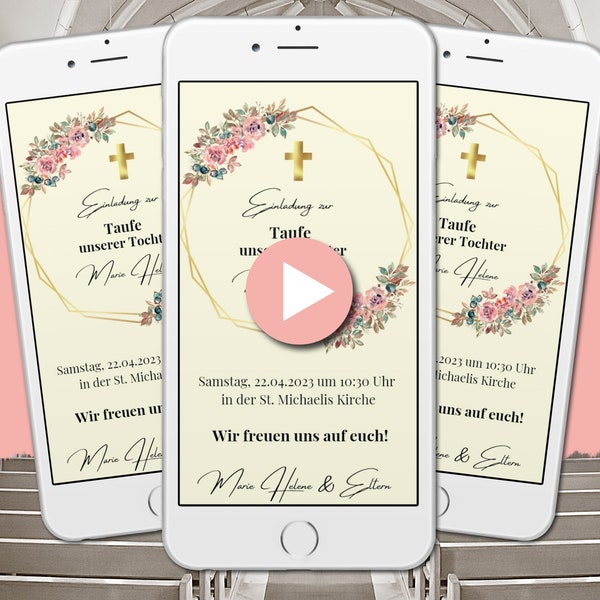 eCard Einladung Taufe digital, animierte Einladungskarte für Taufe personalisierbar Mädchen Versenden per WhatsApp, Handyeinladung Taufkarte