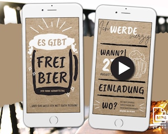 Digitale Einladung zum Geburtstag, Ecard zum Versenden per WhatsApp, runder Geburtstag, Einladung 20. 30. 40. 50. Geburtstag, Freibier Party