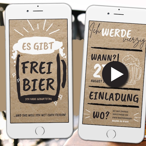 Digitale Einladung zum Geburtstag, Ecard zum Versenden per WhatsApp, runder Geburtstag, Einladung 20. 30. 40. 50. Geburtstag, Freibier Party