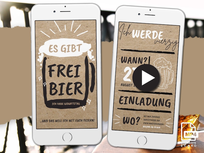 Digitale Einladung zum Geburtstag, Ecard zum Versenden per WhatsApp, runder Geburtstag, Einladung 20. 30. 40. 50. Geburtstag, Freibier Party Bild 1