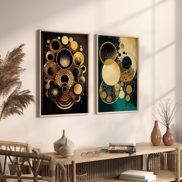 Acyrl Malerei Goldene Kreise druckbares Set aus 3 Bildern | Boho abstrakte Digitale Kunst | Druckbare Kunst | Boho Aquarell Acryl Gold