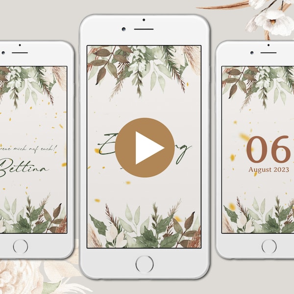 BOHO Geburtstagseinladung digital als Video, Whatsapp Einladung, Boho Flowers Beige, Digitale Einladung, Video Einladung