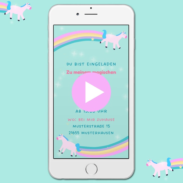 Einhorn Geburtstagseinladung digital als Video, Einladung Kindergeburtstag, Erster Geburtstag, Digitale Einladung, Video Einladung Mädchen
