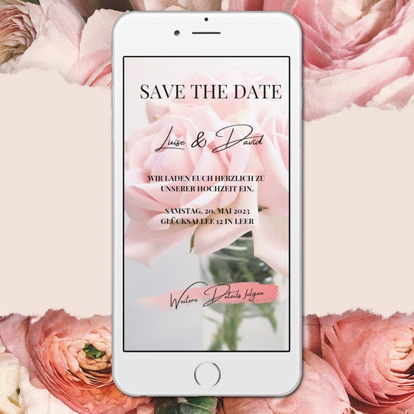 Save the Date Einladung Rosen als E-Card, Einladung per WhatsApp, online Einladung, digital Wedding Invitation, Hochzeitseinladung eCard