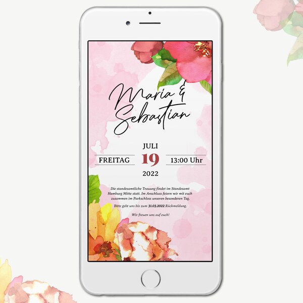 FLORAL - Digitale Hochzeitseinladung als E-Card | Einladung per WhatsApp | Aquarell Blumen | digital Wedding Invitation | eCard