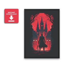 Druckbares Gaming Poster Der Jäger, Videospiel inspirierte Wandkunst Druck, Sofort Download, Neo Gothic, Videospiele Deko, Gamer Geschenk