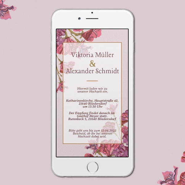 Florale Hochzeitseinladung digital als E-Card | Einladung per WhatsApp | Hochzeit | Trauung | Heiraten | Personalisierbar | online Einladung