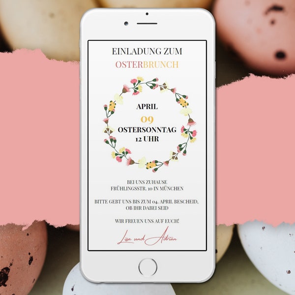 Digitale Einladung zum Osterbrunch, ecard Grußkarte zu Ostern, personalisierbare Vorlage, Brunch Einladung eCard zum Versenden per Whatsapp