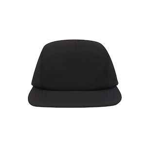 May include: A black 5-panel cap with a flat brim. The cap is made of a soft, durable fabric.