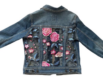 EMBY Embroidered Lace Denim Jacket - Medium