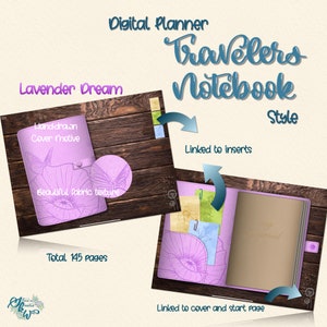 Könnte beinhalten: Ein digitaler Planer im Stil eines Reise-Notizbuchs in Lavendel und Braun mit einem handgezeichneten floralen Design. Der Planer hat 145 Seiten und ist mit Einsätzen und einer Titelseite verbunden.