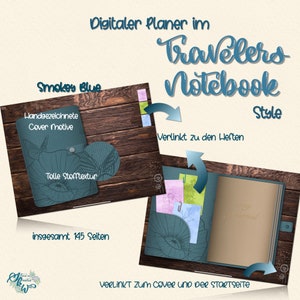 Może przedstawiać: Cyfrowy planer w niebieskim stylu Travelers Notebook z kwiatowym wzorem. Planer ma 145 stron i zawiera ręcznie rysowane wzory okładek. Na okładce widoczny jest tekst "Smokes Blue".