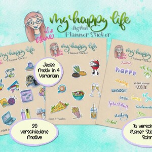 Könnte beinhalten: Drei Bögen digitaler Planer-Aufkleber mit Aquarellillustrationen. Die Bögen zeigen verschiedene Designs, darunter Bürobedarf, Essen und Text. Der Text auf den Bögen lautet "My happy life" und "Planner Sticker."