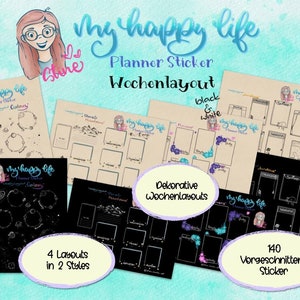 Könnte beinhalten: Ein Set mit 140 Planer-Stickern mit vier verschiedenen Wochenlayouts in zwei Stilen: Schwarzweiß und Galaxie-Thema. Die Sticker sind für die Verwendung in einem Planer oder Journal gedacht.