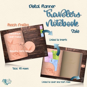 May include: Peach Melba digital planner traveler's notebook style with a hand-drawn cover motive and beautiful fabric texture. The planner has 145 pages and is linked to inserts and the cover and start page.
