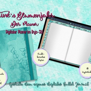 Könnte beinhalten: Ein digitaler Planer mit einem blauen Aquarellhintergrund und einem Eukalyptusblatt-Design. Der Planer ist auf einer Seite mit gepunktetem Rasterpapier geöffnet. Der Text "Ctine's Blumenjahr Der Planer" befindet sich oben im Bild. Der Text "Digitaler Planer im Bujo-Stil" befindet sich unter dem Planer. Der Text "Gestalte dein eigenes digitales Bullet Journal" befindet sich unten im Bild.