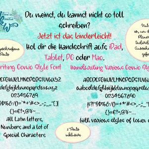 Könnte beinhalten: Eine digitale Grafik, die Handschrift-Schriftarten für iPad, Tablet, PC oder Mac bewirbt. Das Bild zeigt Beispiele für zwei Handschrift-Schriftarten, einschließlich Buchstaben, Zahlen und Sonderzeichen. Der Text enthält "Handwriting Comic Style Font" und "Handwriting Various Comic Style Font."