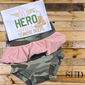 My Child's hero shirt/outfit embroidery, wears combat boots shirt, camo skort bummie, personalized military/army child shirt, My hero outfit