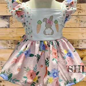 Easter dress, bunny themed dress, Girls easter dress, spring easter dress, embroidered bunnys spring dress