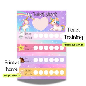 May include: A printable toilet training chart featuring a unicorn theme. The chart has a pink background with rainbow accents and stars. It includes sections for "I sat on the toilet", "I did number 1's", "I did number 2's", and "I washed my hands". Each section has a corresponding icon and a row of circles for tracking progress.