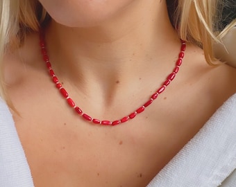 Red Coral and Pearl Necklace, Trendy Red Coral Necklace, Holiday Necklace, Red Beaded Necklace, Everyday Necklace, Gemstone Necklace