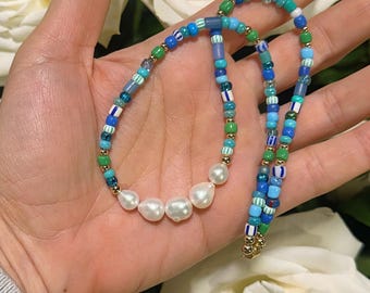 Colorful Pearl & Bead Necklace, Blue Beaded Necklace with Baroque Pearls, Beaded Pearl Necklace, Blue Pearl Necklace, Colorful Pearl Choker