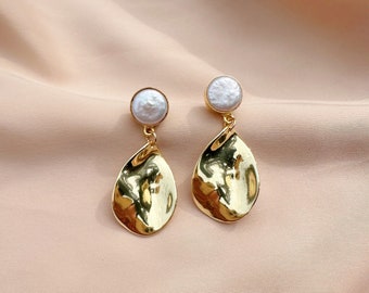 14k Gold Filled and Pearl Cocktail Earrings, Pearl and Gold Teardrop Earrings, Glamorous Pearl and Gold Earrings, Pearl Statement Earrings