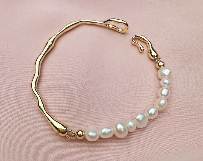 Irregular Gold Bangle W Baroque Pearls, Pearl and Gold Bracelet ...