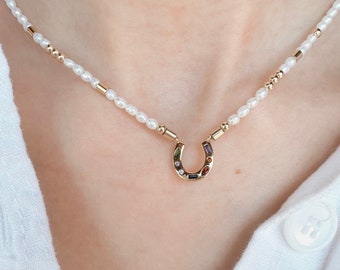 Dainty Pearl and Gold-Filled Necklace with Bejeweled Horseshoe Charm, Dainty Gold Charm Necklace, Horseshoe Necklace, Lucky Charm Necklace