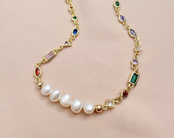 Colorful Charm Chain & Pearl Necklace, Colorful Gemstone Necklace, Rainbow Pearl Necklace, Gemstone Crystal Necklace, Gold Crystal Necklace