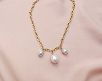 Chaîne en or plaqué or et collier de perles avec fermoir magnétique, collier avec breloques en perles, collier de perles en or, chaîne en or avec perle