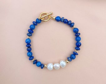 Lapis Lazuli and Freshwater Pearl Bracelet with 14k Gold-Filled Toggle Clasp, Blue Beaded Bracelet, Bead and Pearl Bracelet, Lapis Bracelet