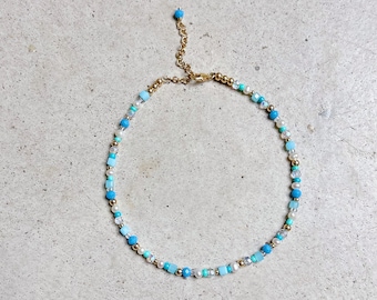 Dainty Pearl & Blue Bead Anklet, Blue Beaded Anklet, Delicate Anklet, Adjustable Bead and Pearl Anklet, Summer Jewelry, Blue Ankle Bracelet