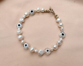 Genuine Freshwater Baroque Pearl and Evil Eye Bracelet, Evil Eye Jewelry, Bridesmaids Gift, Pearl and Bead Bracelet, Protection Bracelet