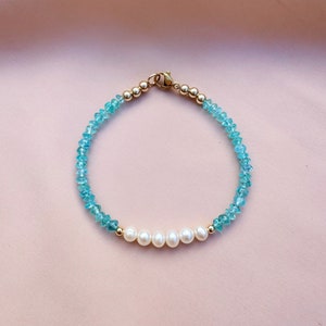 Aquamarine & Freshwater Pearl Bracelet, Blue Beaded Bracelet, Dainty Gemstone Bracelet, Blue Crystal Jewelry, March Birthstone Jewelry image 2