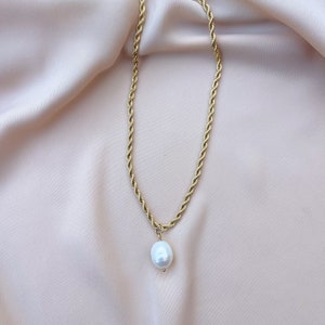 14k Gold-Filled Rope Chain and Pearl Pendant Necklace, Pearl Charm Necklace, Gold Rope Chain, Pearl & Gold Necklace, Everyday Pearl Necklace image 4