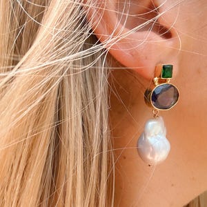 Blue Quartz & Baroque Pearl Earrings, Pearl and Colorful Gemstone Earrings, Chunky Pearl Statement Earrings, Blue Earrings, Holiday Earrings