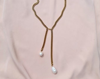 Gold Cuban Chain Lariat Necklace, Pearl Lariat Necklace, Gold Bolo Tie Necklace, Chunky Cuban Chain & Pearl Necklace, Pearl Pendant Necklace