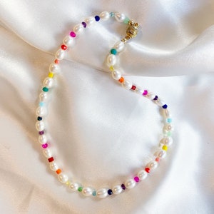 Freshwater Pearl Necklace with Colorful Rainbow Beads, Rainbow Bead and Pearl Necklace, Freshwater Pearl Jewelry, Colorful Pearl Necklace