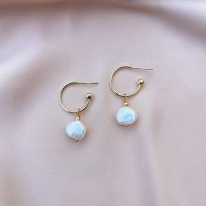 14k Gold-Filled Hoop and Pearl Drop Earrings, Gold Hoop Earrings with Pearl Charm, Pearl Drop Earrings, Bridesmaid Earrings, Thin Gold Hoops image 3