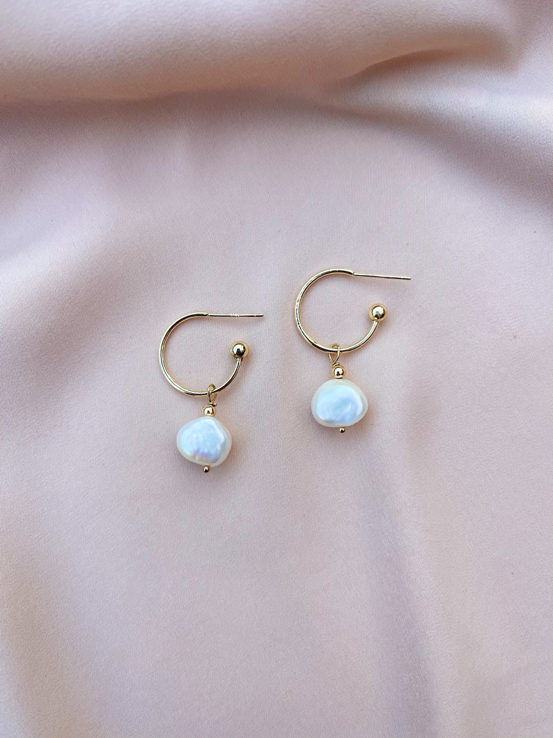 14k Gold-Filled Hoop and Pearl Drop Earrings, Gold Hoop Earrings with Pearl Charm, Pearl Drop Earrings, Bridesmaid Earrings, Thin Gold Hoops image 3