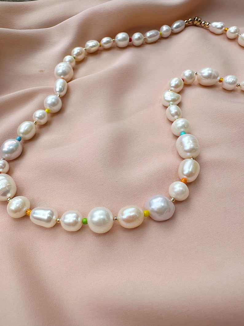 Colorful Bead and Pearl Necklace, Pearl and African Bead Necklace, Chunky Statement Necklace, Colorful Pearl Necklace, Large Pearl Necklace image 1