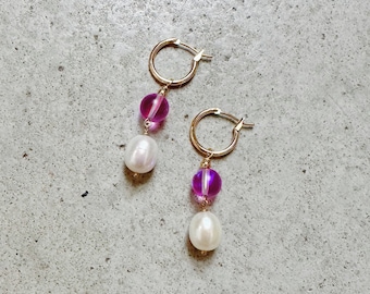 Gold Hoops with Pink Marble & Pearl Pendant, Colorful Dangly Pearl Earrings, Pink Pearl Earrings, Bachelorette Earrings, Statement Earrings
