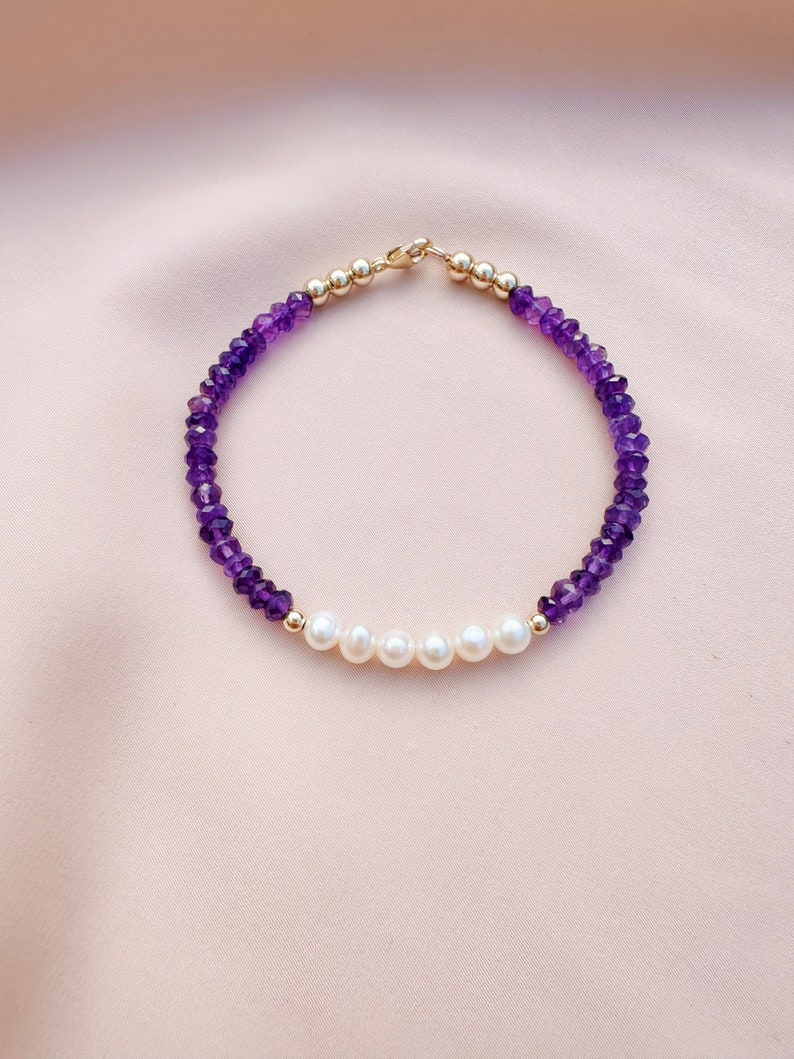 Amethyst & Freshwater Pearl Bracelet, Purple Beaded Bracelet, Dainty Gemstone Bracelet, Purple Crystal Jewelry, February Birthstone Jewelry image 2