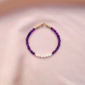 Amethyst & Freshwater Pearl Bracelet, Purple Beaded Bracelet, Dainty Gemstone Bracelet, Purple Crystal Jewelry, February Birthstone Jewelry image 5
